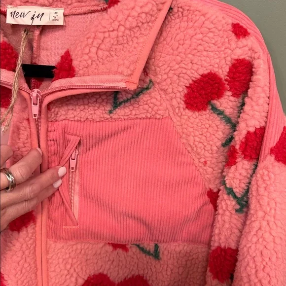 Pink Sherpa Jacket with Red Cherry Print - Picture 7 of 11